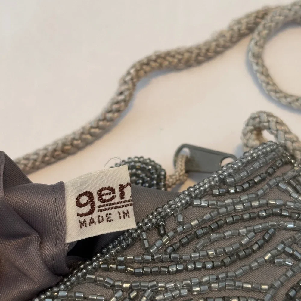 Genie Gray Satin Beaded Evening Bag Shoulder Clutch‎ Braided Strap Korea Vintage